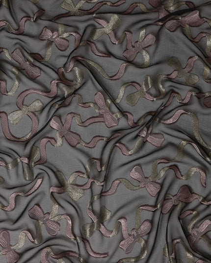 Black Premium Pure French Silk Chiffon Fabric With Metallic Bow Woven Design 110 Cms Width From France-D27238 - Regal Fabrics
