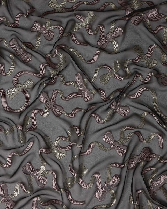 Black Premium Pure French Silk Chiffon Fabric With Metallic Bow Woven Design 110 Cms Width From France-D27238