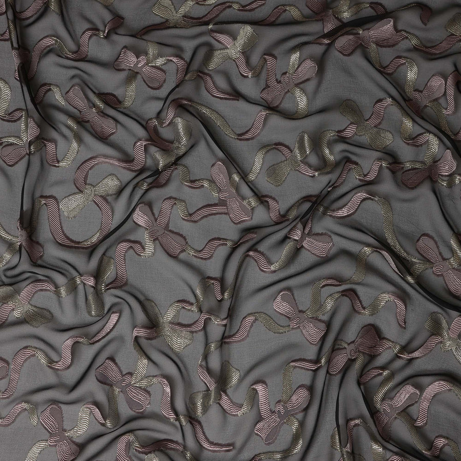 Black Premium Pure French Silk Chiffon Fabric With Metallic Bow Woven Design 110 Cms Width From France-D27238 - Regal Fabrics