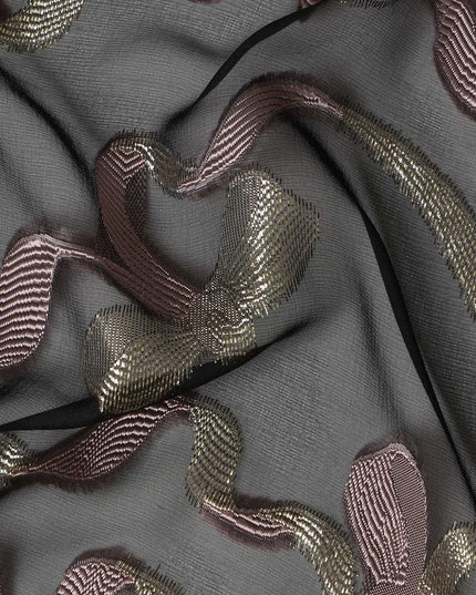 Black Premium Pure French Silk Chiffon Fabric With Metallic Bow Woven Design 110 Cms Width From France-D27238 - Regal Fabrics