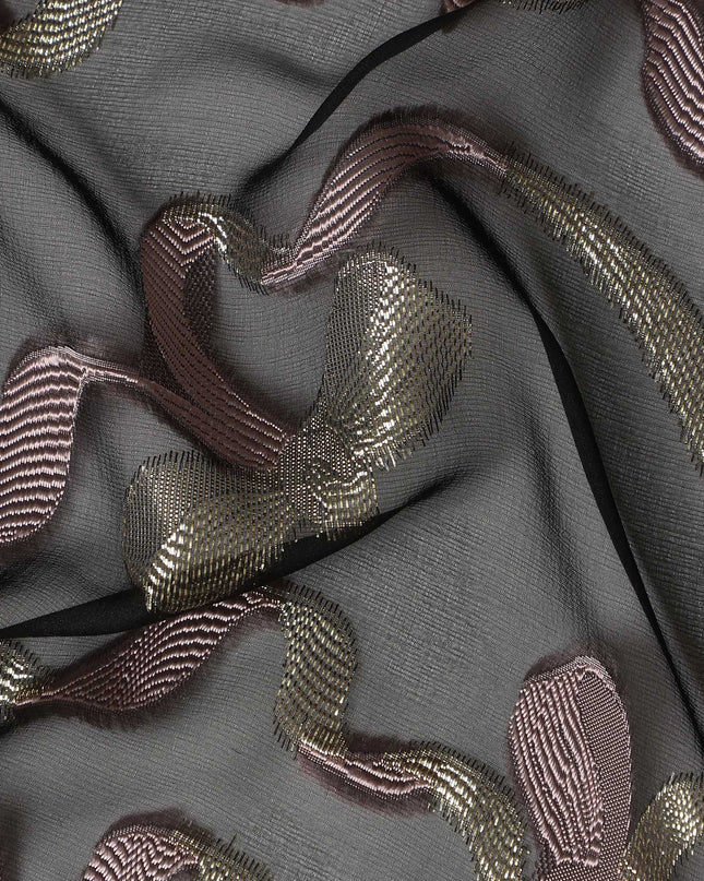 Black Premium Pure French Silk Chiffon Fabric With Metallic Bow Woven Design 110 Cms Width From France-D27238