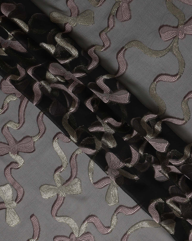 Black Premium Pure French Silk Chiffon Fabric With Metallic Bow Woven Design 110 Cms Width From France-D27238
