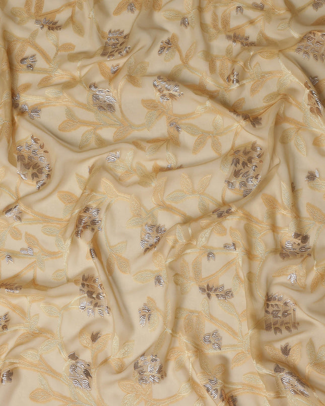 Beige Premium Pure French Silk Chiffon Fabric With Gold Floral Woven Design 110 Cms Width Lightweight Elegant Luxury Textile From France-D27236