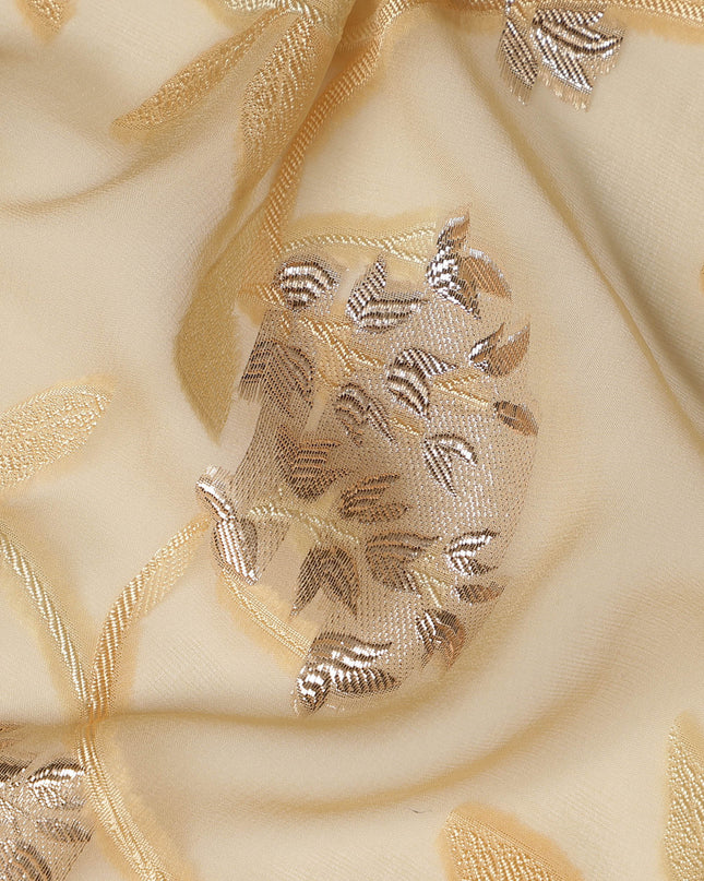 Beige Premium Pure French Silk Chiffon Fabric With Gold Floral Woven Design 110 Cms Width Lightweight Elegant Luxury Textile From France-D27236