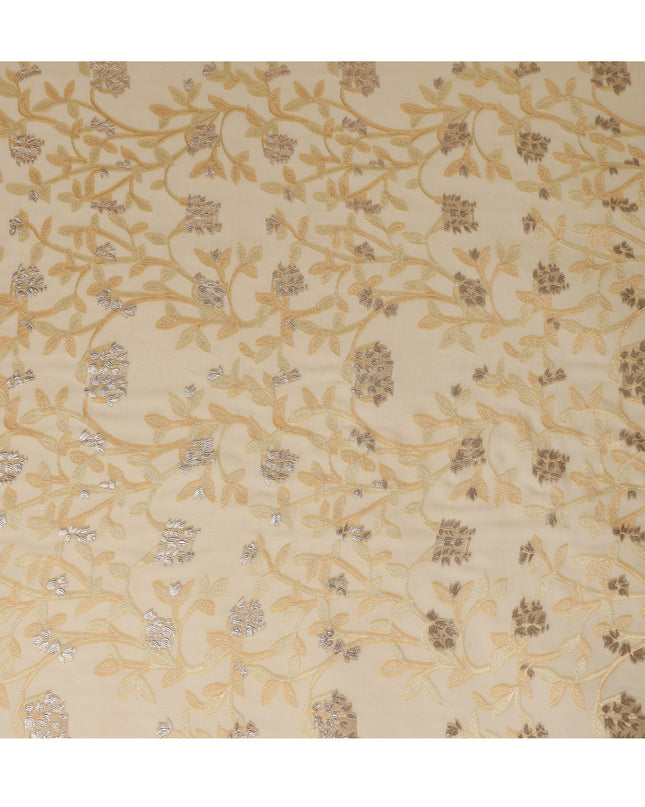 Beige Premium Pure French Silk Chiffon Fabric With Gold Floral Woven Design 110 Cms Width Lightweight Elegant Luxury Textile From France-D27236