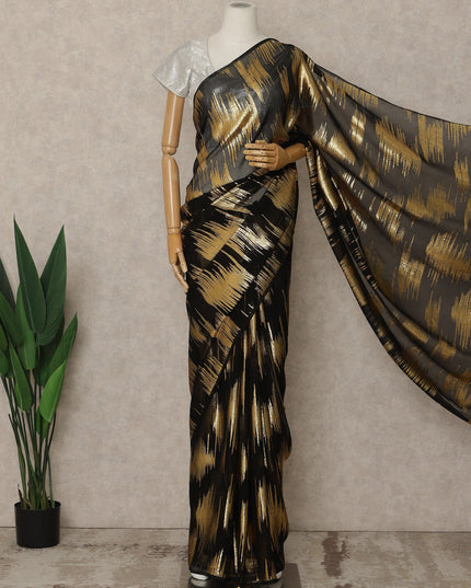 Black Premium French Silk Chiffon Saree With Gold Abstract Woven Design 5.5 Mtrs Length 110 Cms Width, Made in France and  Blouse Not Included-D27214