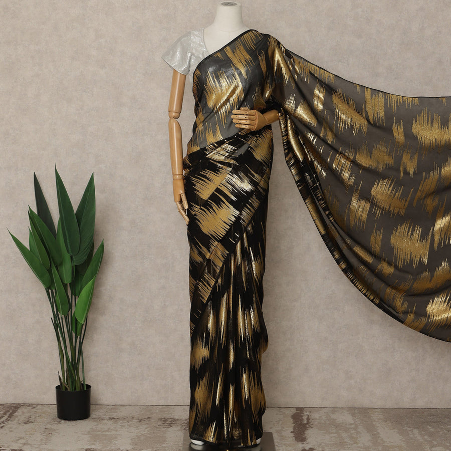 Black Premium French Silk Chiffon Saree With Gold Abstract Woven Design 5.5 Mtrs Length 110 Cms Width, Made in France and  Blouse Not Included-D27214