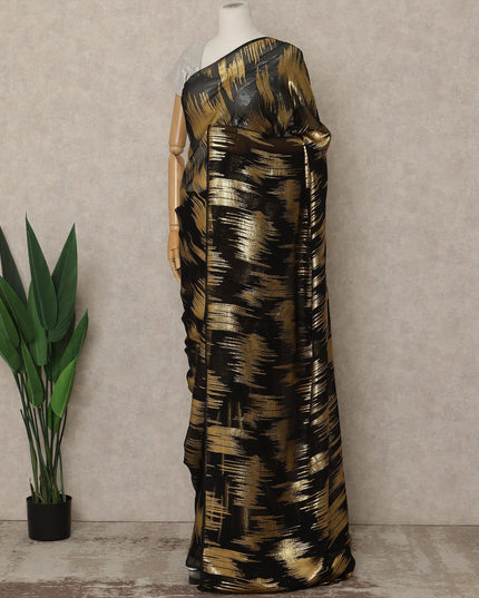Black Premium French Silk Chiffon Saree With Gold Abstract Woven Design 5.5 Mtrs Length 110 Cms Width, Made in France and  Blouse Not Included-D27214