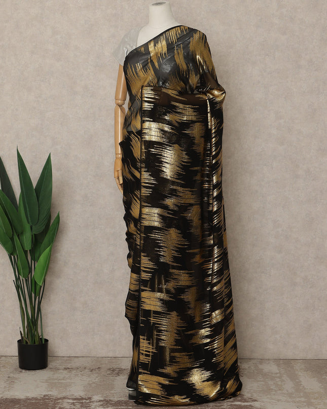 Black Premium French Silk Chiffon Saree With Gold Abstract Woven Design 5.5 Mtrs Length 110 Cms Width, Made in France and  Blouse Not Included-D27214