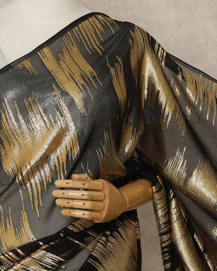 Black Premium French Silk Chiffon Saree With Gold Abstract Woven Design 5.5 Mtrs Length 110 Cms Width, Made in France and  Blouse Not Included-D27214
