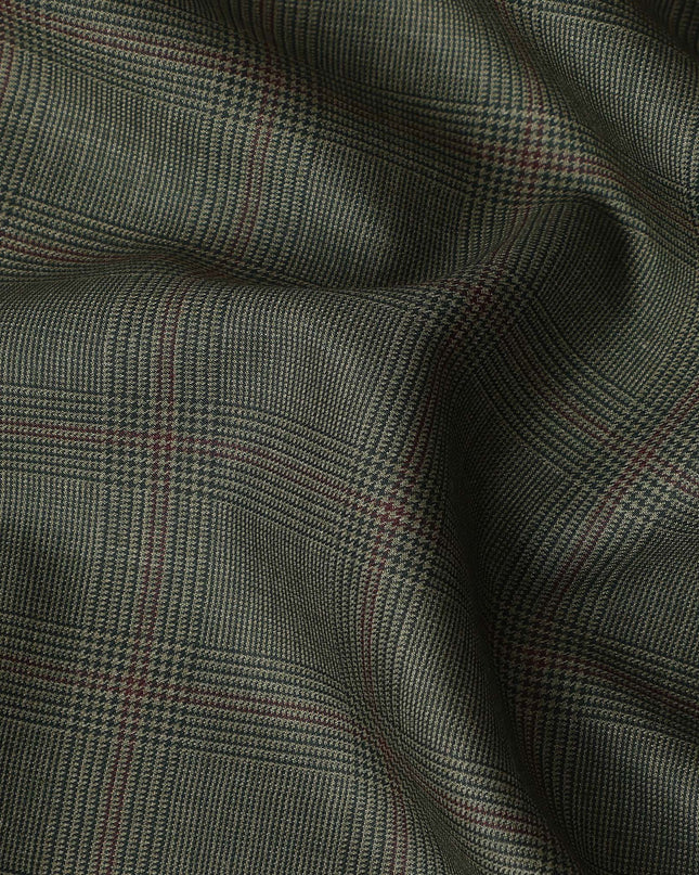 Olive Green Checkered Blended Poly Wool Suiting Fabric 150 Cms Width Soft Durable Wrinkle Resistant Material for Formal Wear Suits Trousers Blazers-D28583 - Regal Fabrics