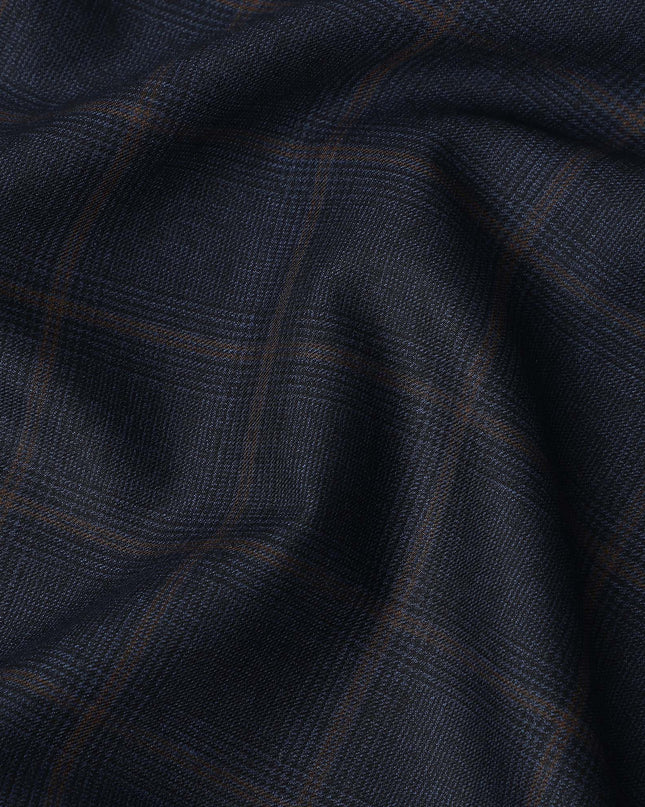 Dark Blue Checkered Blended Poly Wool Suiting Fabric 150 Cms Width Soft Durable Wrinkle Resistant Material for Formal Wear Suits Trousers Blazers-D28581 - Regal Fabrics