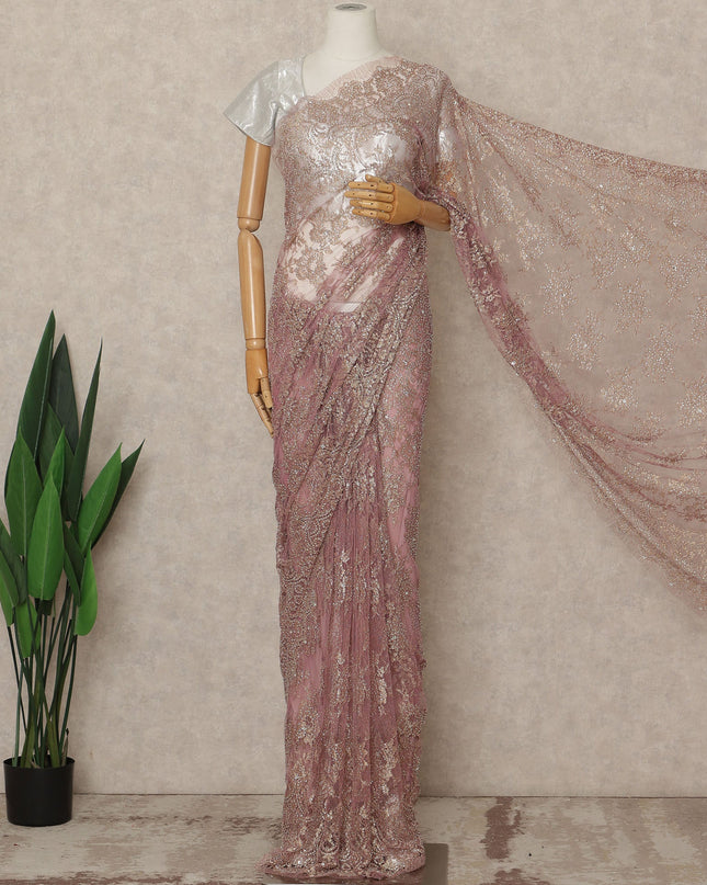 Mauve Rose Premium French 2 Tone Chantilly Saree Lace With Stone Work Fabric 5.5 Meters Length 110 Cms Width Imported From France Elegant Designer Lace Blouse Not Included-D27374