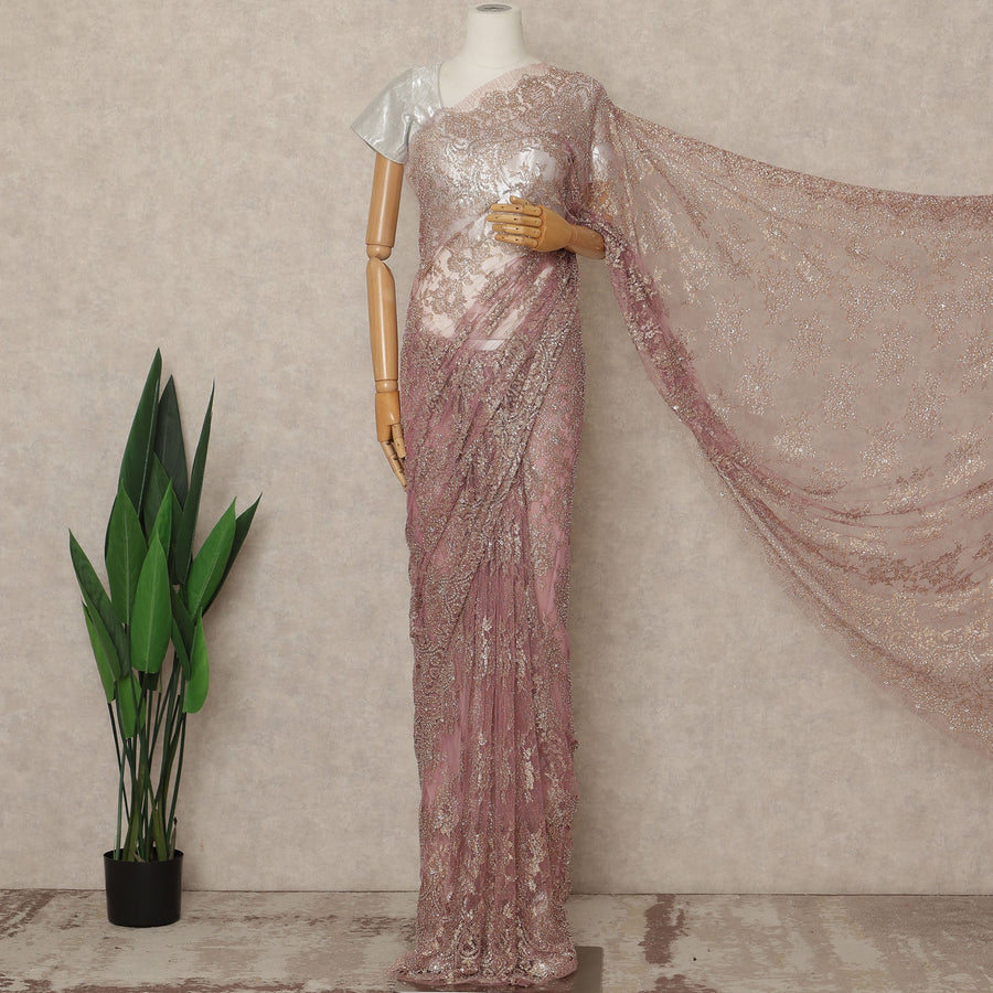 Mauve Rose Premium French 2 Tone Chantilly Saree Lace With Stone Work Fabric 5.5 Meters Length 110 Cms Width Imported From France Elegant Designer Lace Blouse Not Included-D27374