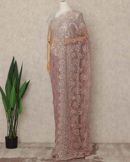 Mauve Rose Premium French 2 Tone Chantilly Saree Lace With Stone Work Fabric 5.5 Meters Length 110 Cms Width Imported From France Elegant Designer Lace Blouse Not Included-D27374