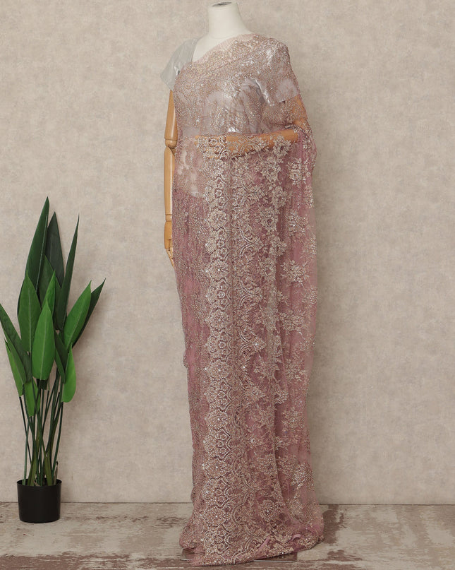 Mauve Rose Premium French 2 Tone Chantilly Saree Lace With Stone Work Fabric 5.5 Meters Length 110 Cms Width Imported From France Elegant Designer Lace Blouse Not Included-D27374