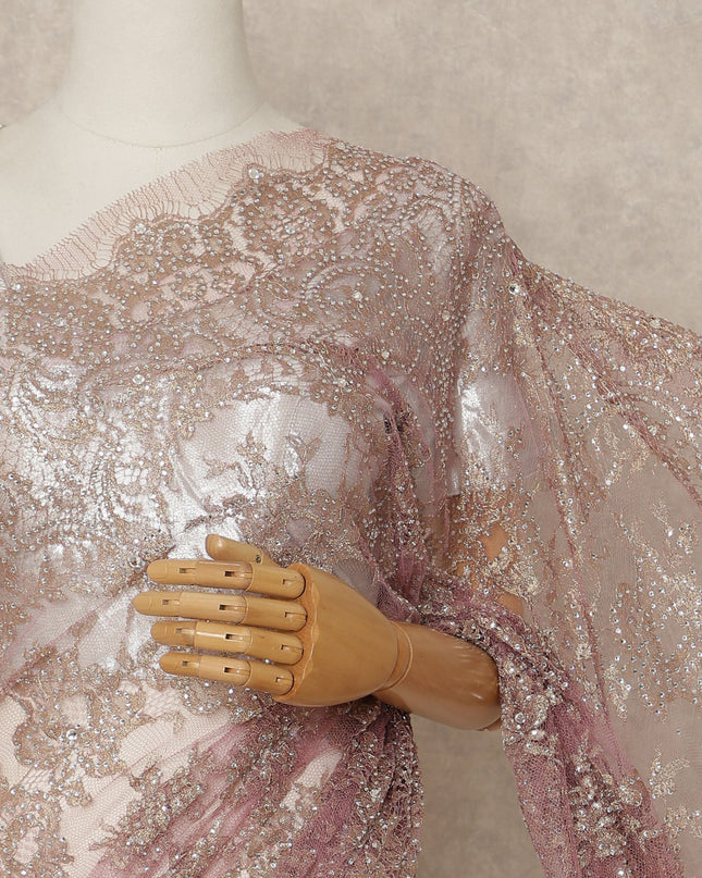 Mauve Rose Premium French 2 Tone Chantilly Saree Lace With Stone Work Fabric 5.5 Meters Length 110 Cms Width Imported From France Elegant Designer Lace Blouse Not Included-D27374