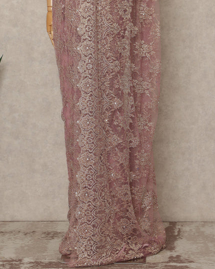 Mauve Rose Premium French 2 Tone Chantilly Saree Lace With Stone Work Fabric 5.5 Meters Length 110 Cms Width Imported From France Elegant Designer Lace Blouse Not Included-D27374