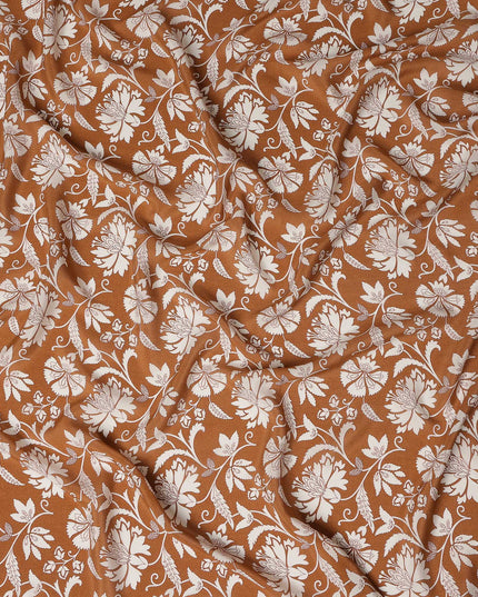 Rust Brown Floral Printed Premium Pure Silk Crepe Fabric 110 Cms From India-D27249 - Regal Fabrics