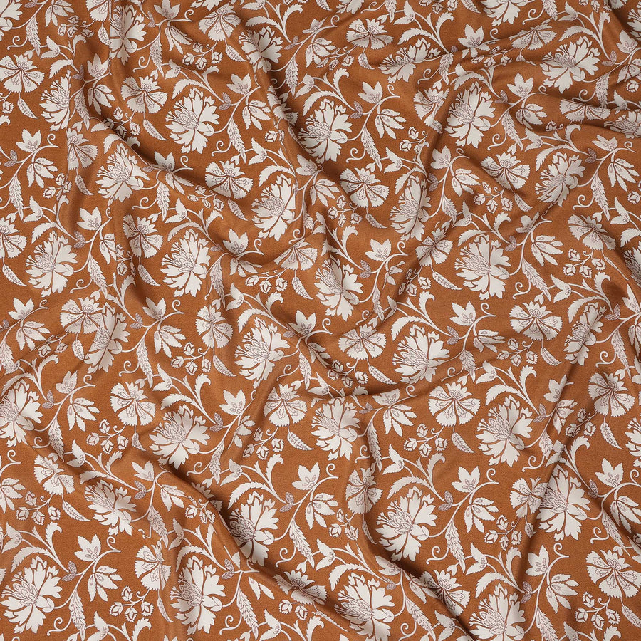 Rust Brown Floral Printed Premium Pure Silk Crepe Fabric 110 Cms From India-D27249 - Regal Fabrics