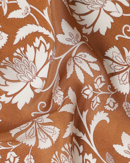 Rust Brown Floral Printed Premium Pure Silk Crepe Fabric 110 Cms From India-D27249 - Regal Fabrics