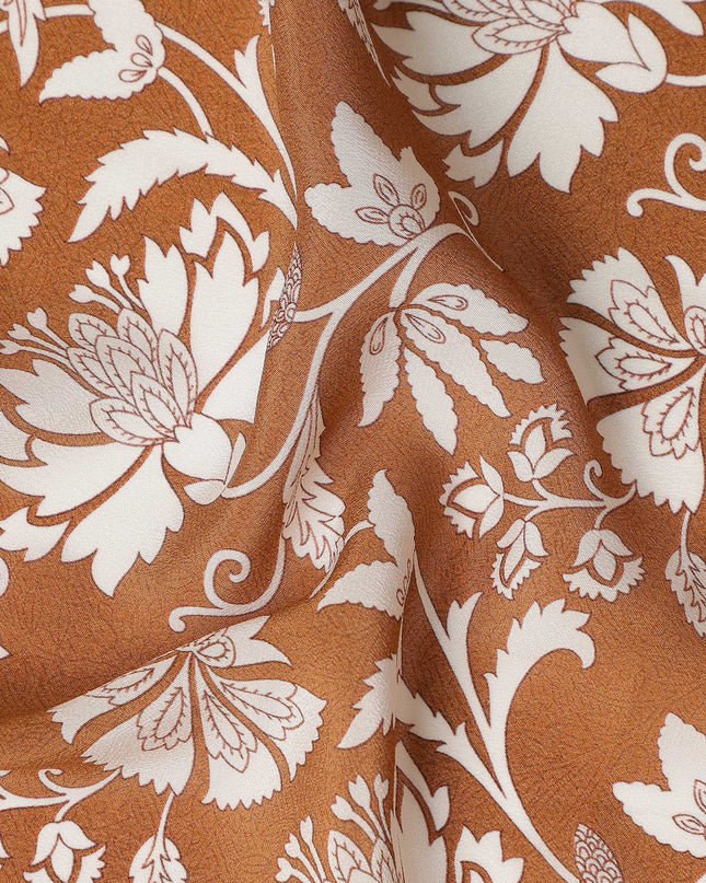 Rust Brown Floral Printed Premium Pure Silk Crepe Fabric 110 Cms From India-D27249