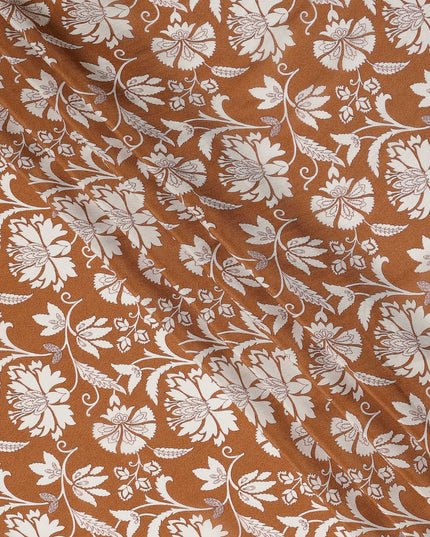 Rust Brown Floral Printed Premium Pure Silk Crepe Fabric 110 Cms From India-D27249 - Regal Fabrics