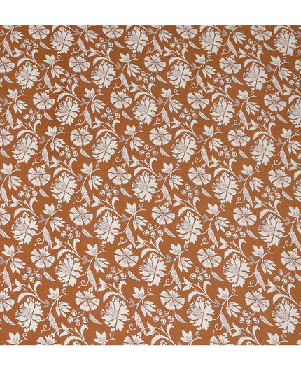 Rust Brown Floral Printed Premium Pure Silk Crepe Fabric 110 Cms From India-D27249 - Regal Fabrics