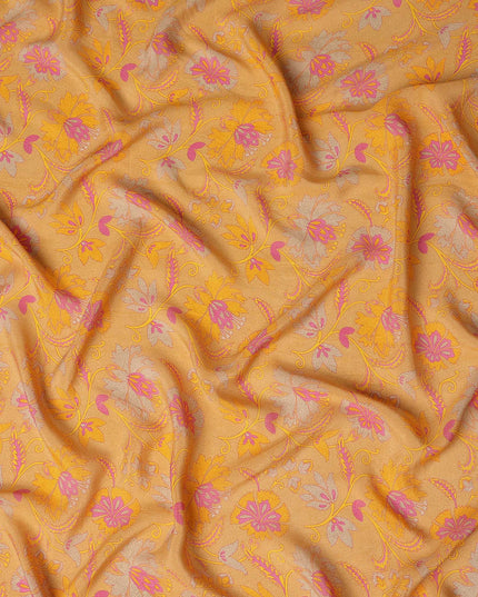 Mustard Yellow Floral Printed Premium Pure Silk Crepe Fabric 110 Cms From India-D27245 - Regal Fabrics