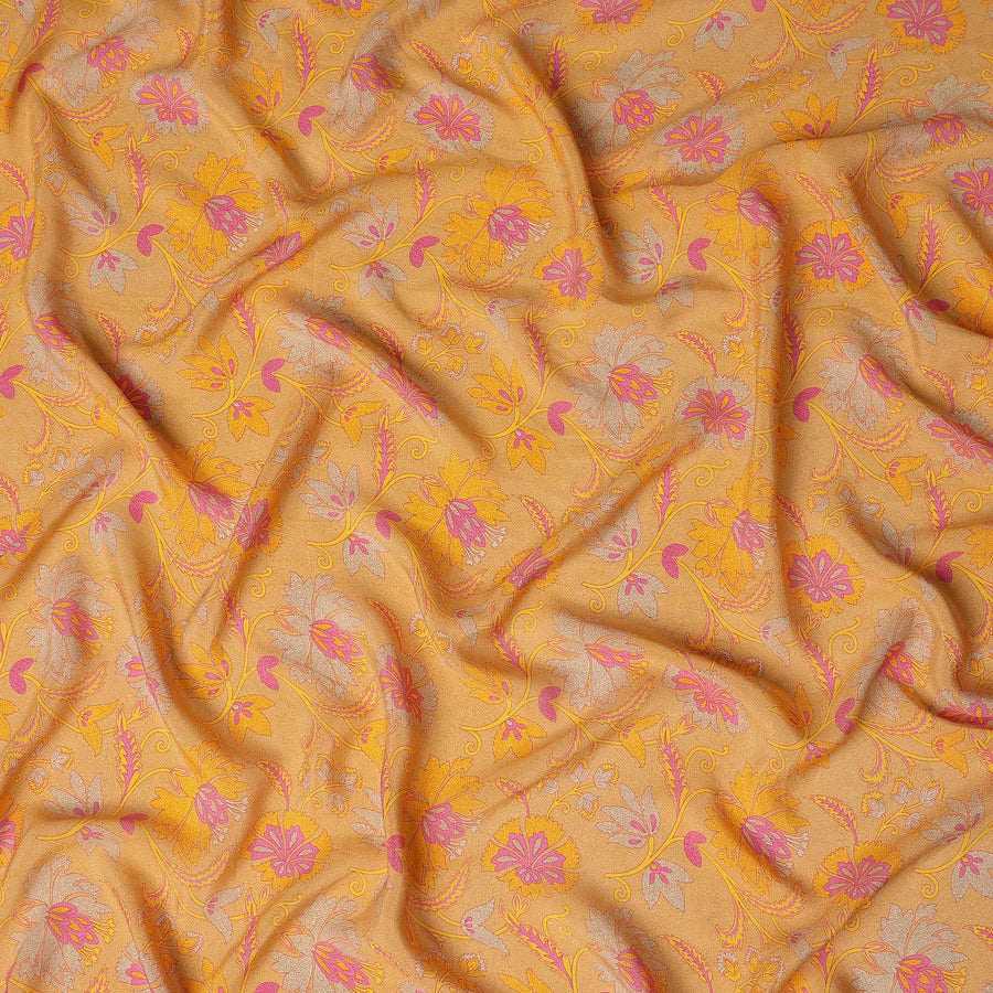 Mustard Yellow Floral Printed Premium Pure Silk Crepe Fabric 110 Cms From India-D27245 - Regal Fabrics