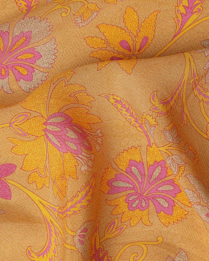 Mustard Yellow Floral Printed Premium Pure Silk Crepe Fabric 110 Cms From India-D27245 - Regal Fabrics