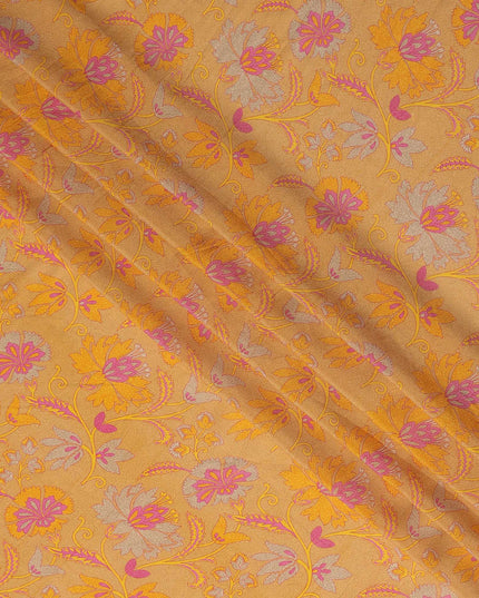 Mustard Yellow Floral Printed Premium Pure Silk Crepe Fabric 110 Cms From India-D27245 - Regal Fabrics