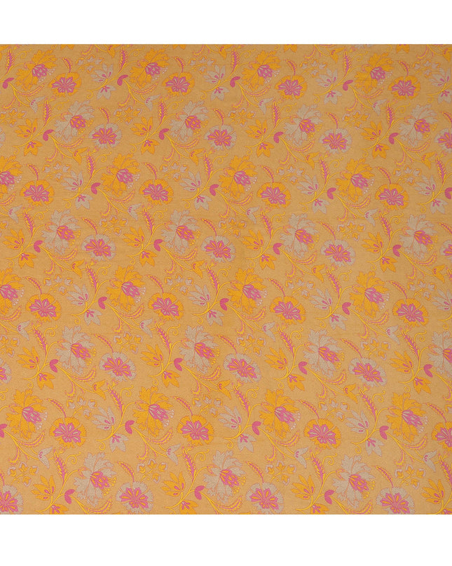 Mustard Yellow Floral Printed Premium Pure Silk Crepe Fabric 110 Cms From India-D27245