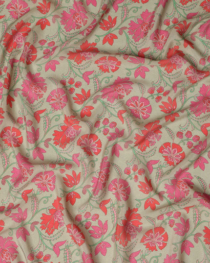 Beige Floral Printed Premium Pure Silk Crepe Fabric 110 Cms From India-D27250 - Regal Fabrics