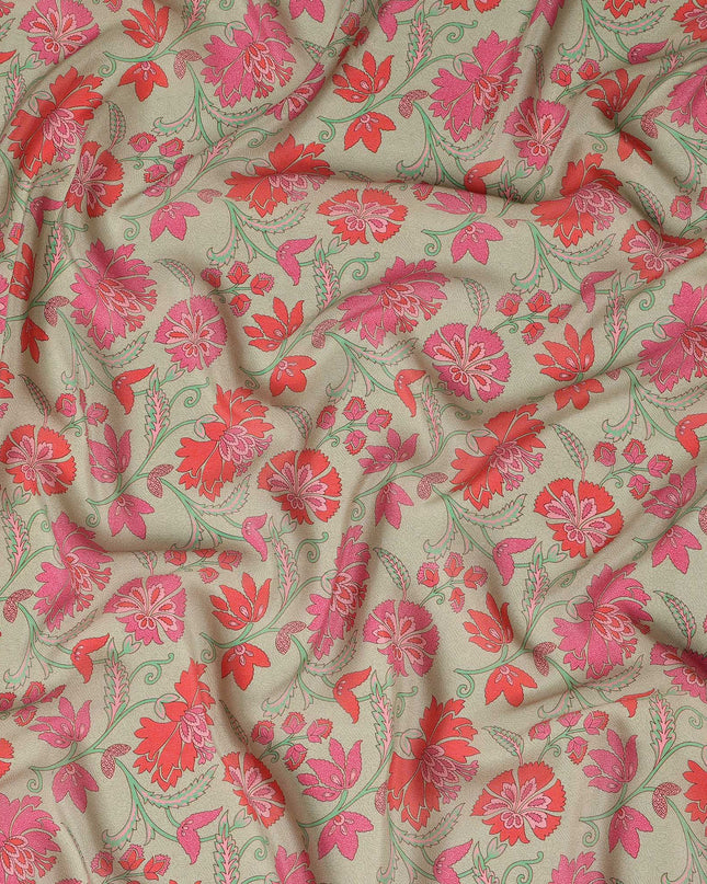 Beige Floral Printed Premium Pure Silk Crepe Fabric 110 Cms From India-D27250