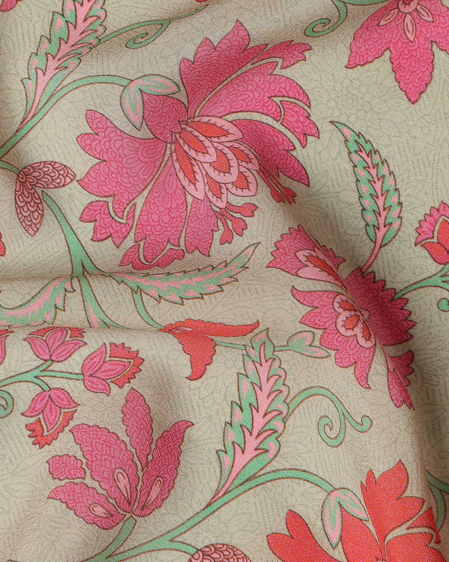 Beige Floral Printed Premium Pure Silk Crepe Fabric 110 Cms From India-D27250
