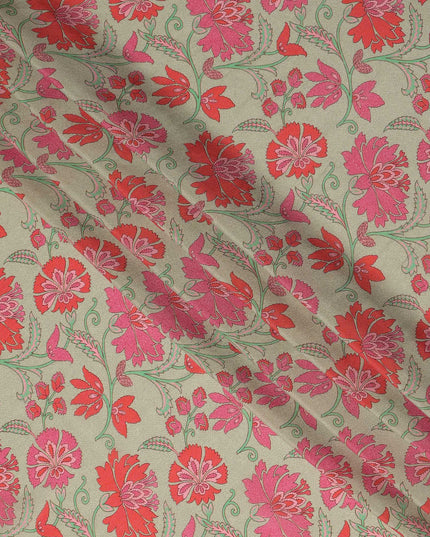 Beige Floral Printed Premium Pure Silk Crepe Fabric 110 Cms From India-D27250 - Regal Fabrics