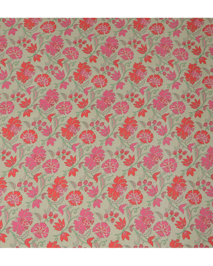 Beige Floral Printed Premium Pure Silk Crepe Fabric 110 Cms From India-D27250 - Regal Fabrics