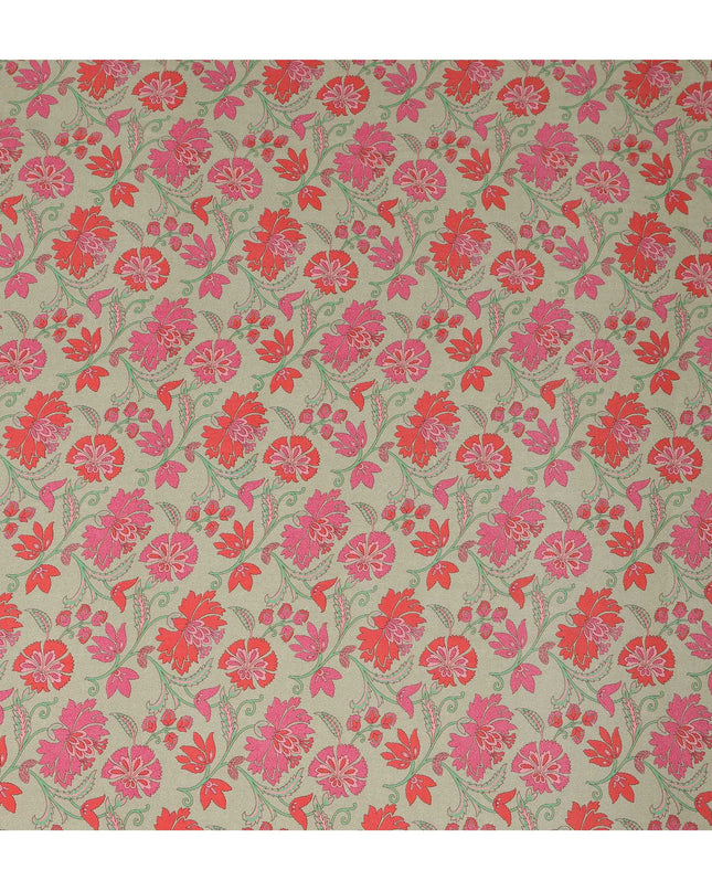 Beige Floral Printed Premium Pure Silk Crepe Fabric 110 Cms From India-D27250