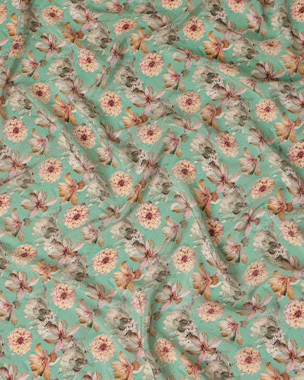 Mint Green Floral Printed Silk Crepe Fabric, Made in India-D27268 - Regal Fabrics