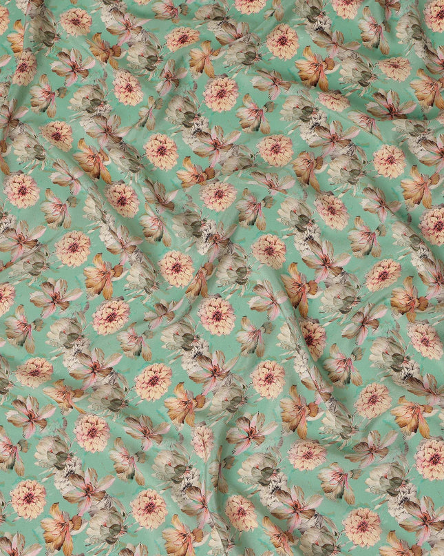 Mint Green Floral Printed Silk Crepe Fabric, Made in India-D27268