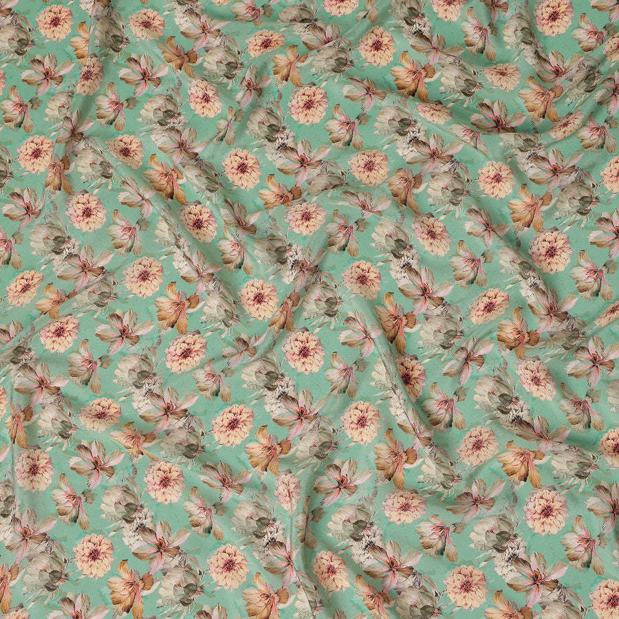 Mint Green Floral Printed Silk Crepe Fabric, Made in India-D27268 - Regal Fabrics