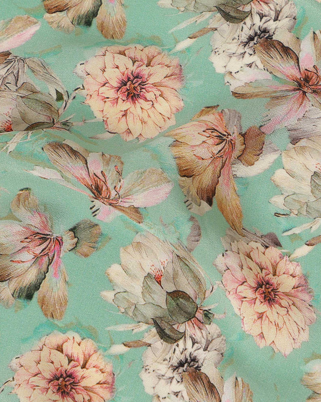 Mint Green Floral Printed Silk Crepe Fabric, Made in India-D27268