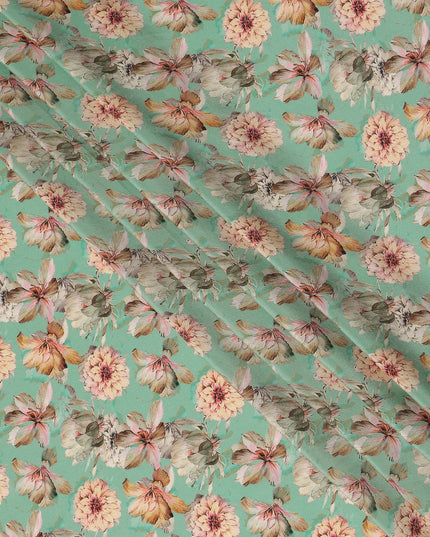 Mint Green Floral Printed Silk Crepe Fabric, Made in India-D27268 - Regal Fabrics