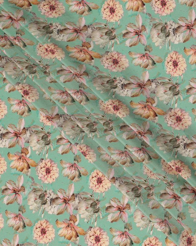 Mint Green Floral Printed Silk Crepe Fabric, Made in India-D27268