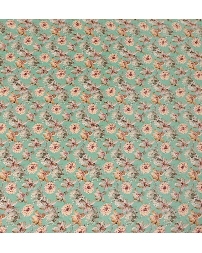 Mint Green Floral Printed Silk Crepe Fabric, Made in India-D27268
