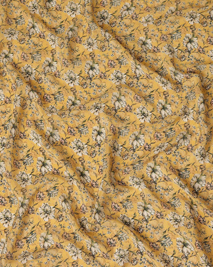 Mustard Yellow Ditsy Floral Printed Silk Crepe Fabric, 110 Cms Width, Made in India-D27270 - Regal Fabrics