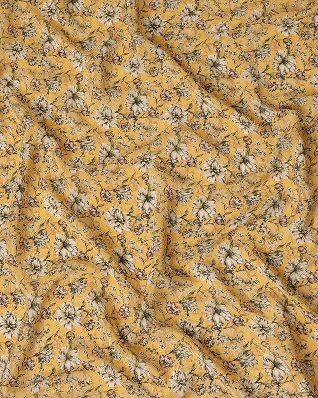 Mustard Yellow Ditsy Floral Printed Silk Crepe Fabric, 110 Cms Width, Made in India-D27270