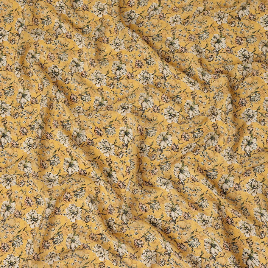 Mustard Yellow Ditsy Floral Printed Silk Crepe Fabric, 110 Cms Width, Made in India-D27270 - Regal Fabrics