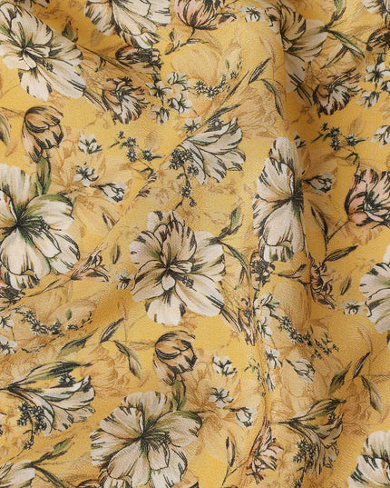 Mustard Yellow Ditsy Floral Printed Silk Crepe Fabric, 110 Cms Width, Made in India-D27270 - Regal Fabrics